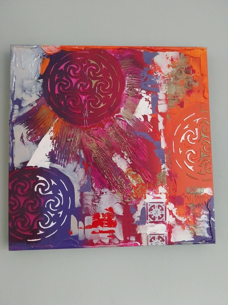 Abstract Schilderij met Levendige Kleuren en Patronen, Ophalen of Verzenden