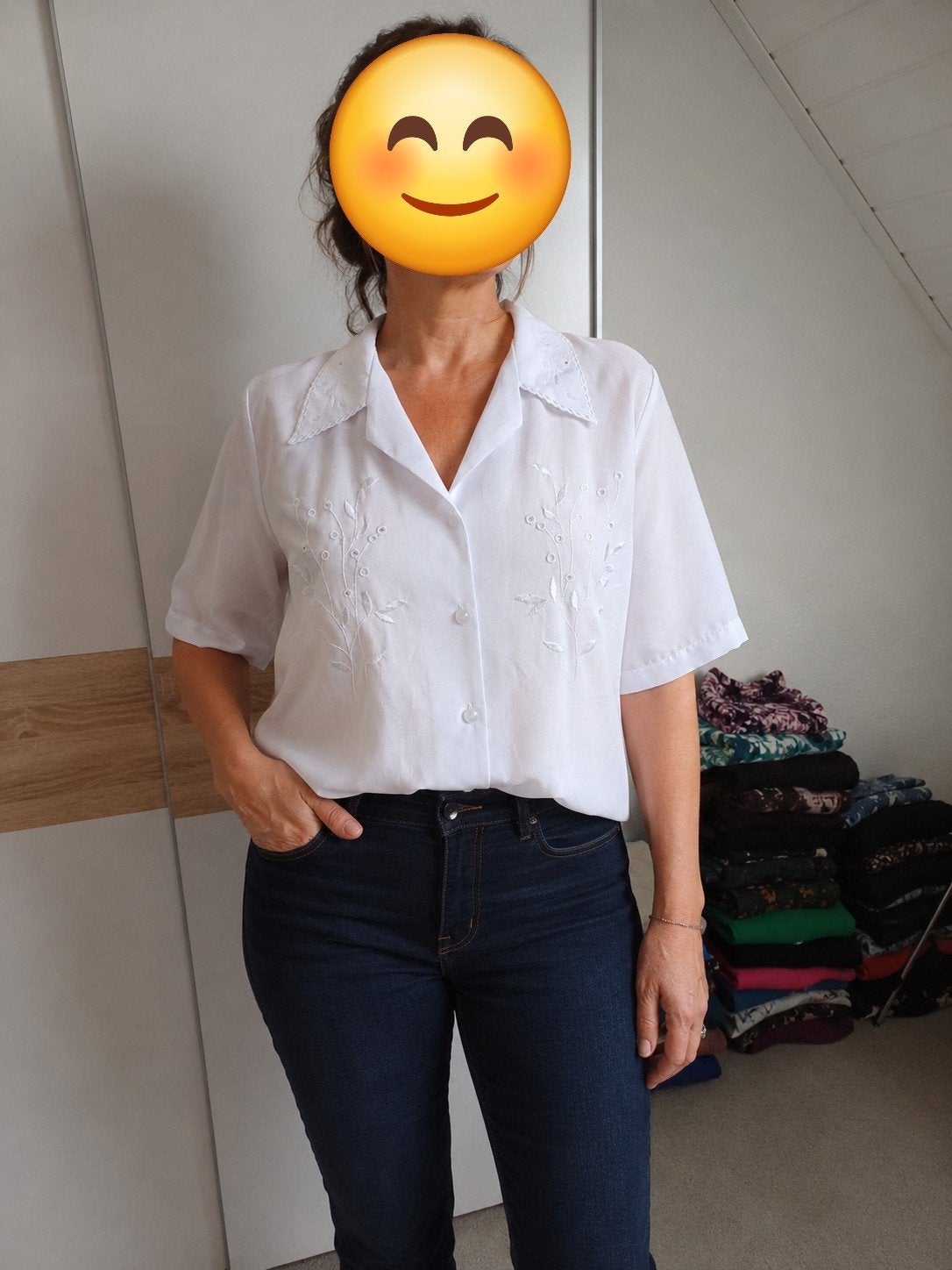 Vintage Witte blouse met borduursel en korte mouwen - Maat L, Wit, Maat 42/44 (L), Ophalen of Verzenden, Onbekend