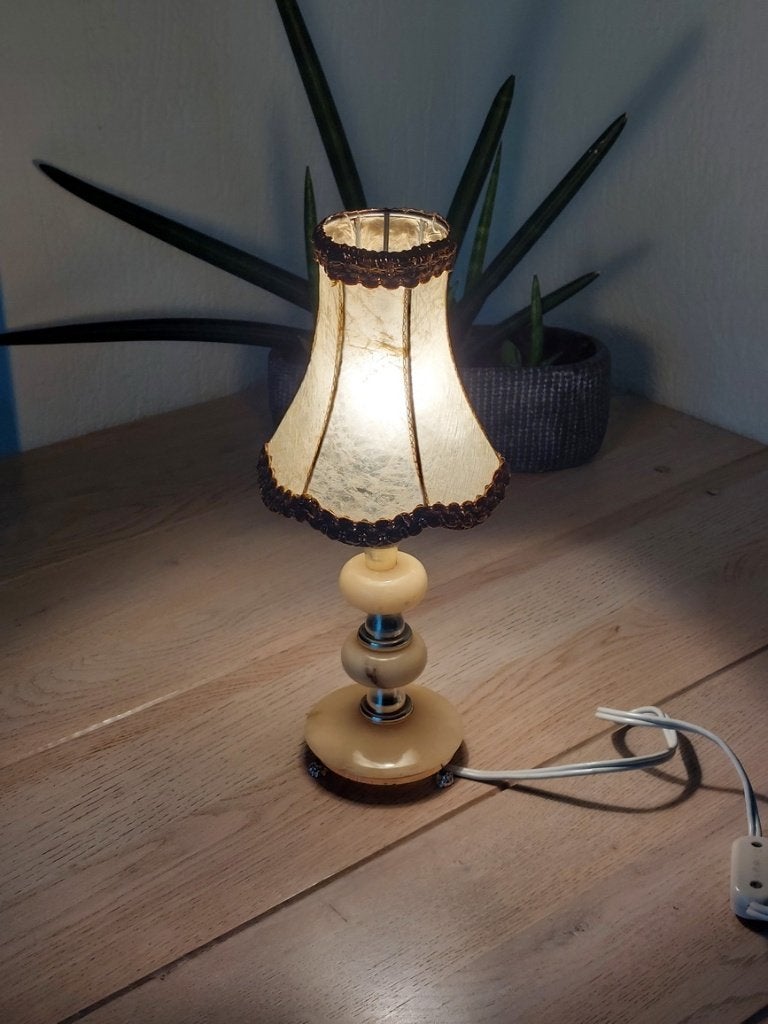 Kleine lamp met leren kap en marmeren voet. Vintage,Antiek., Ophalen of Verzenden