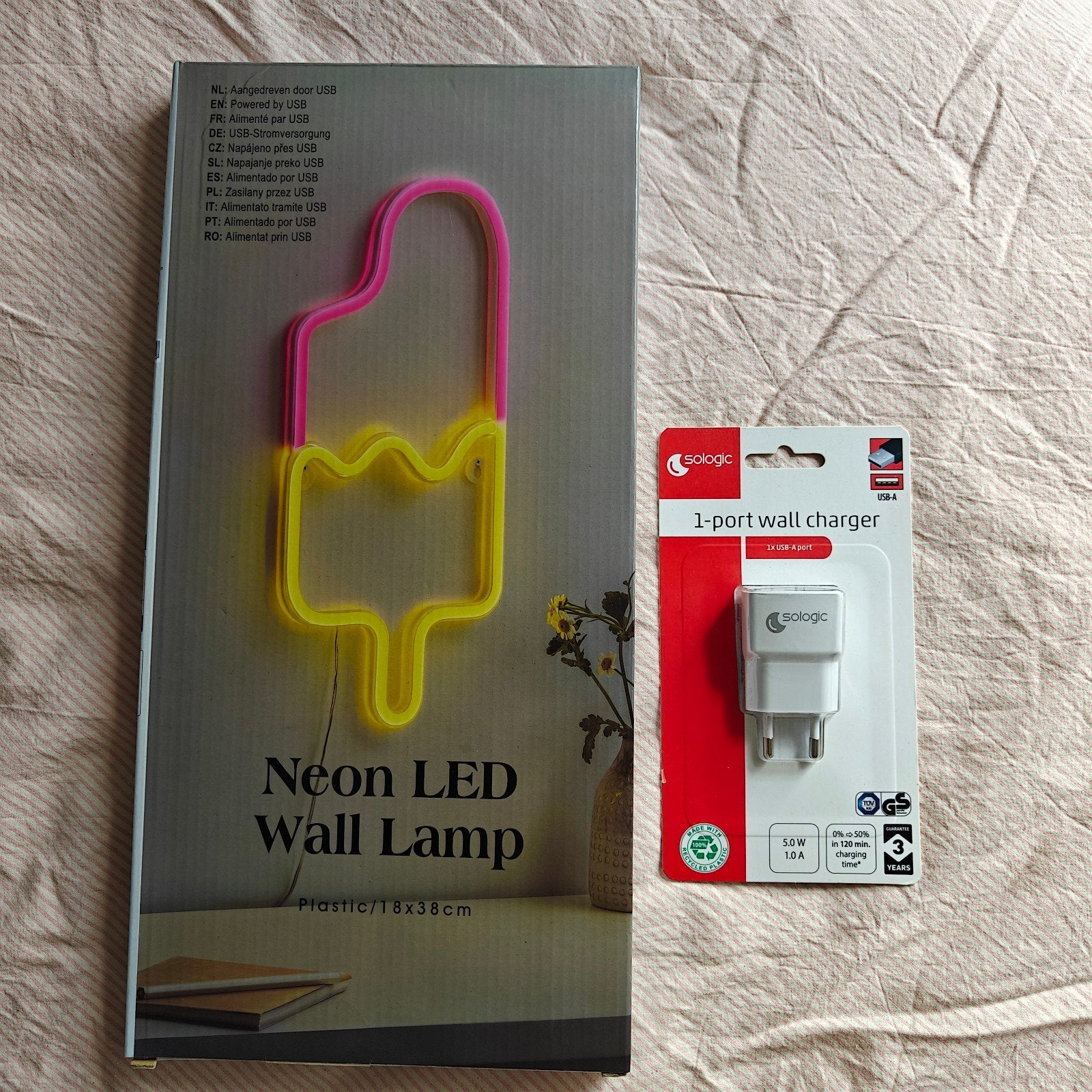 Neon LED Wandlamp IJsje - Roze/Geel met USB-oplader, Overige merken, Kunststof, Meerkleurig, USB-aansluiting