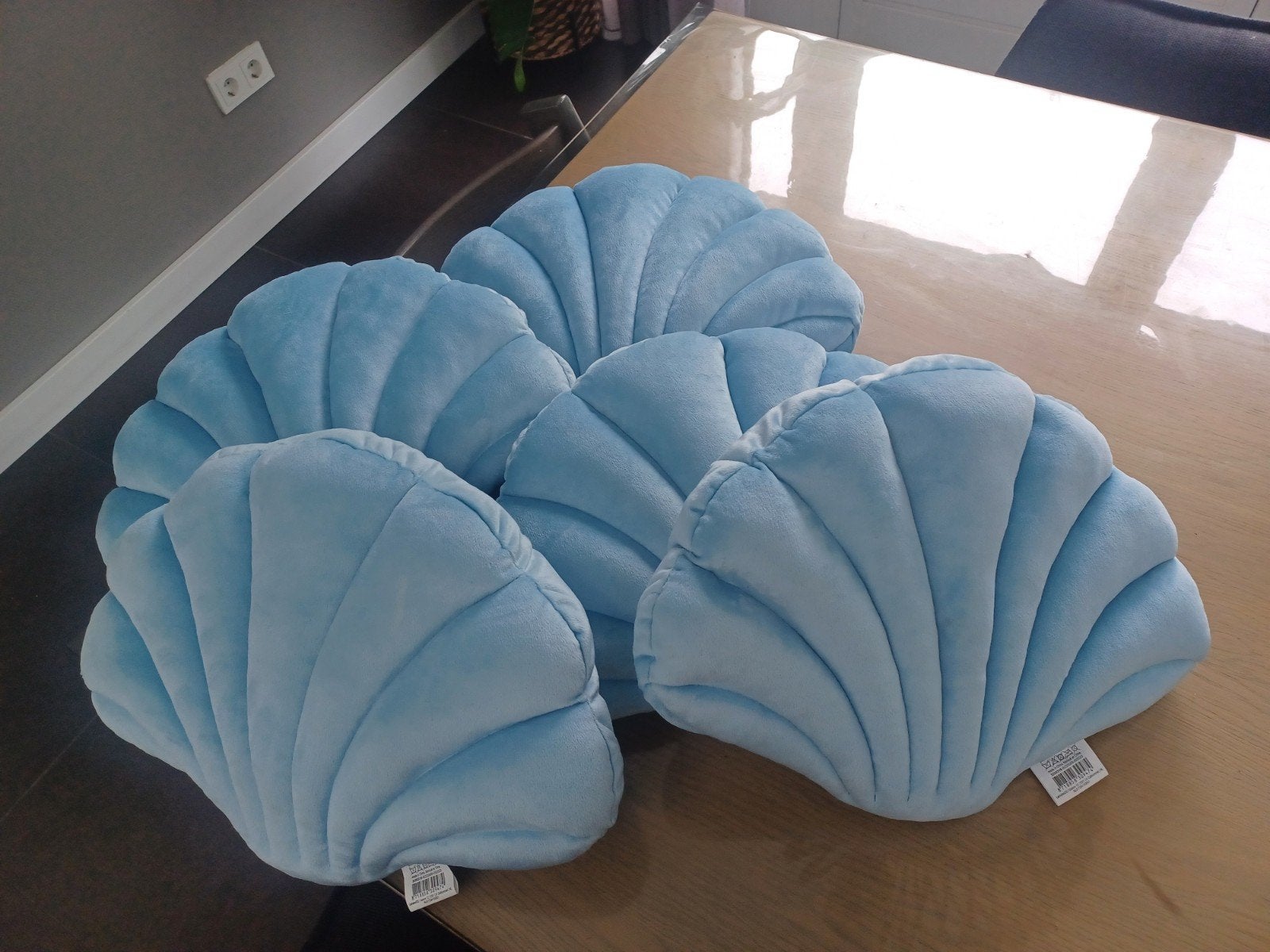 Set van 4 blauwe schelp sierkussens, Ophalen, Blauw, Inclusief binnenkussen, Zo goed als nieuw