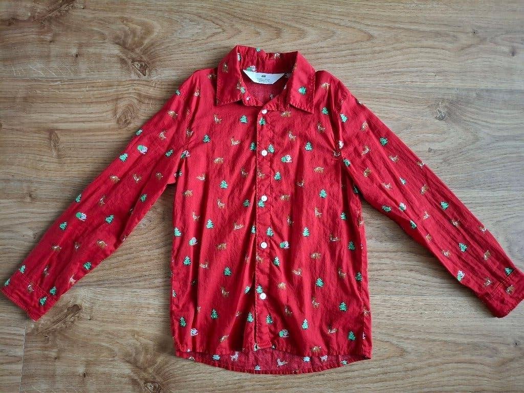 Kerstblouse / Kerstoverhemd rood 128, H&M, Overhemd of Blouse, Ophalen of Verzenden, Zo goed als nieuw
