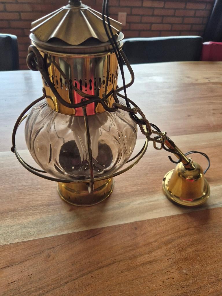 Antieke messing scheepslamp, Ophalen, Gebruikt, Vintage, Glas