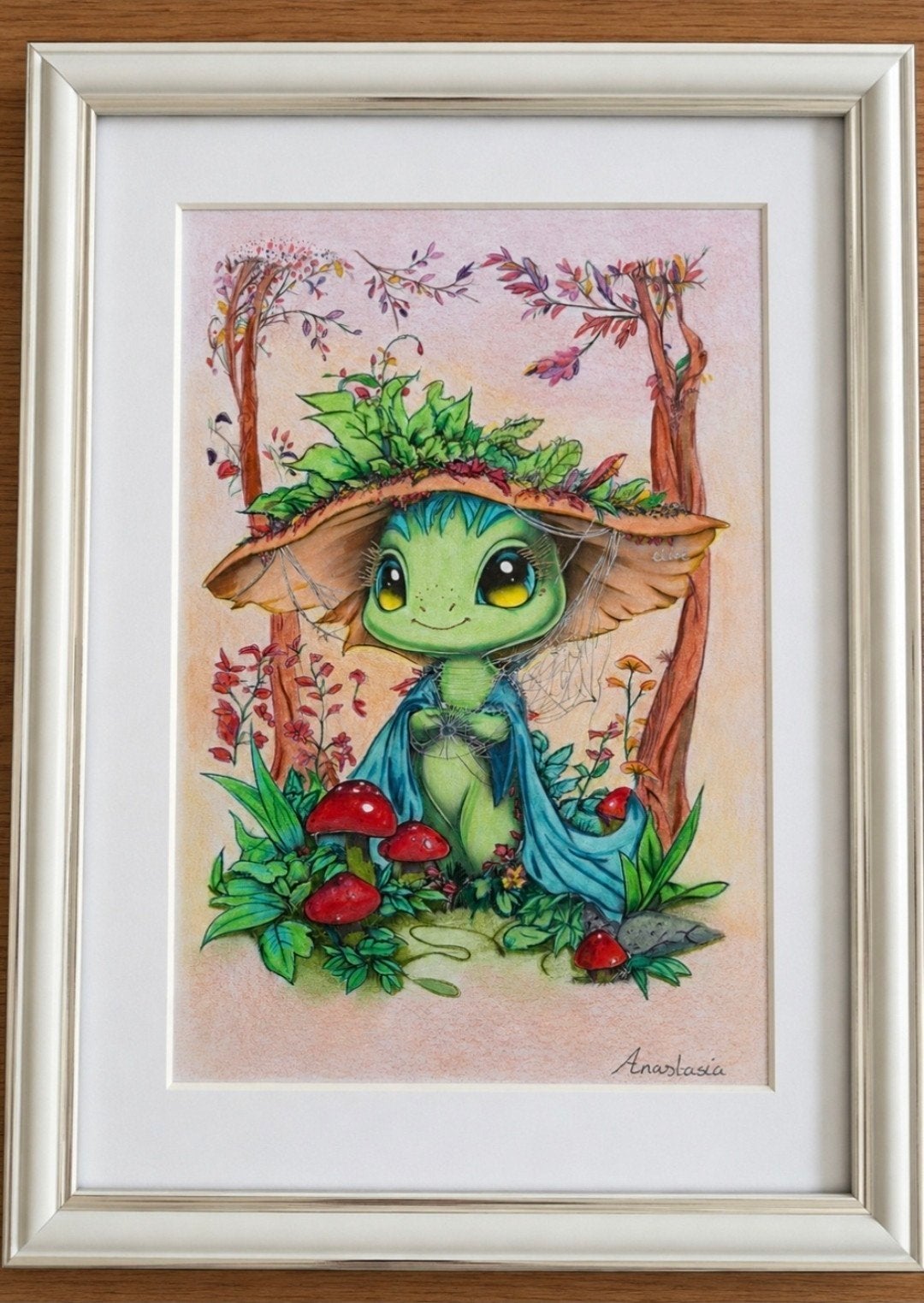 Handgemaakt fantasy kunstwerk in lijst – boswezentje, Ophalen of Verzenden, Glas, Gemengde techniek, Figuren
