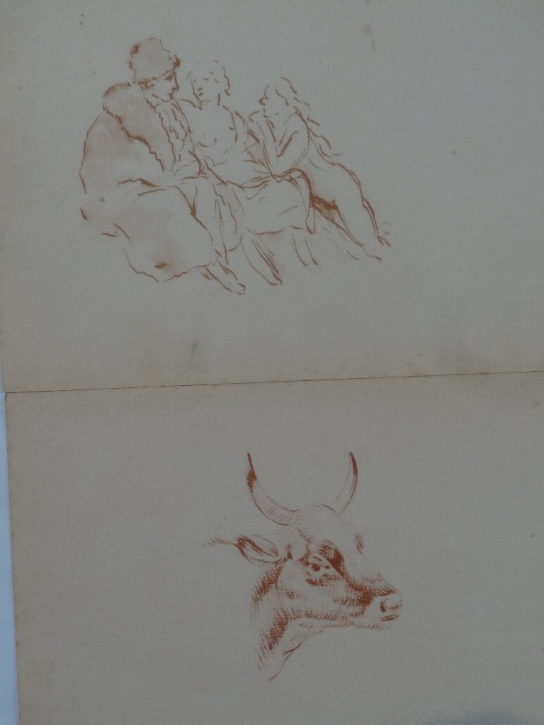 Vier lithos van drie zittende vrouwen, koe en vioolspeler, Antiek en Kunst, Kunst | Litho's en Zeefdrukken, Origineel, Ophalen of Verzenden