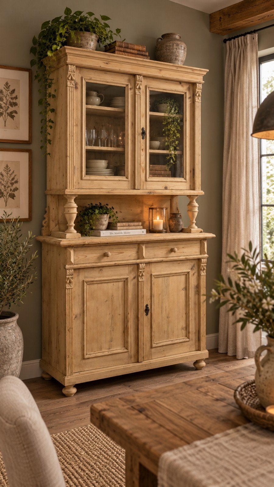 Mooie Grenen Houten Buffetkast met Vitrine, Huis en Inrichting, 100 tot 150 cm, Met lade(s), Ophalen of Verzenden, Zo goed als nieuw