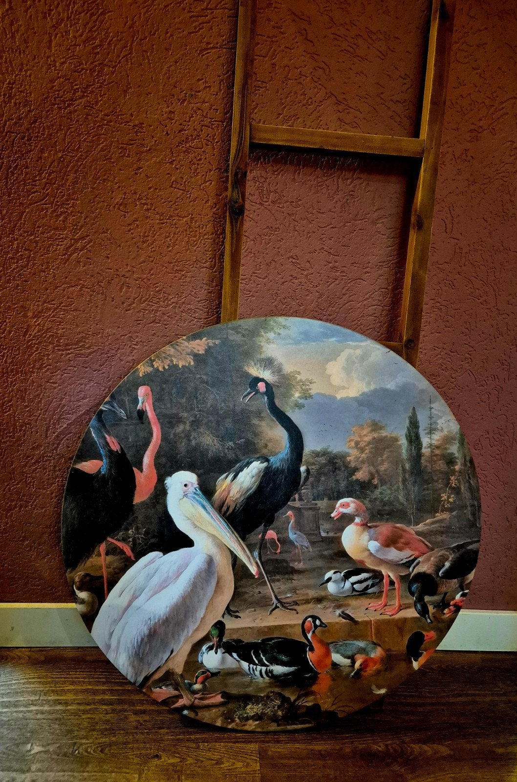 Groot rond schilderij met diverse eenden en vogels, Ophalen, Doek, Realistisch, Dieren