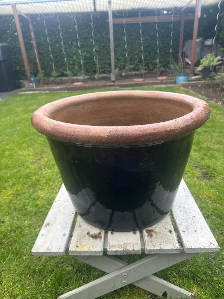 Grote blauw geglazuurde bloempot van aardewerk, Balkon, 40 cm of meer, Rond, Ophalen of Verzenden