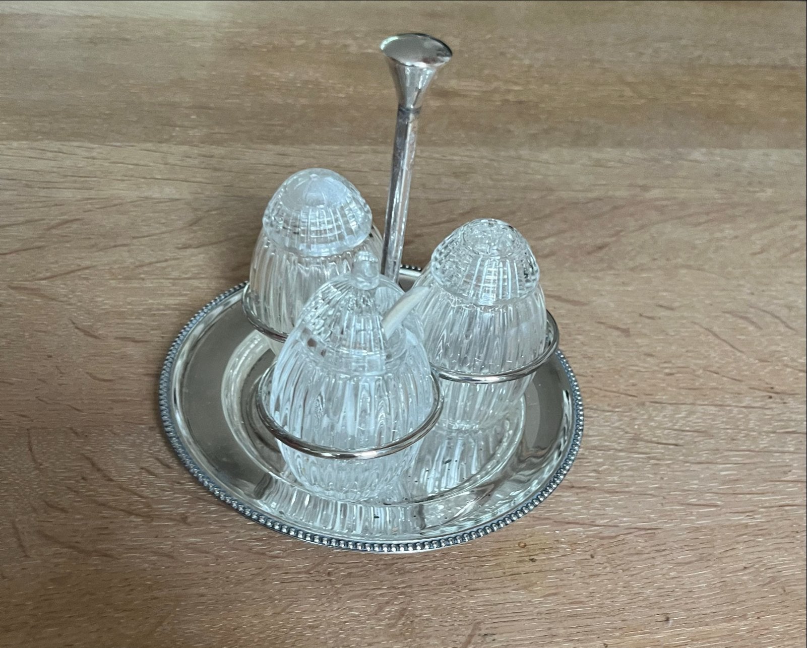 Vintage Zilveren Kruidenrekje met Glazen Potjes, Ophalen