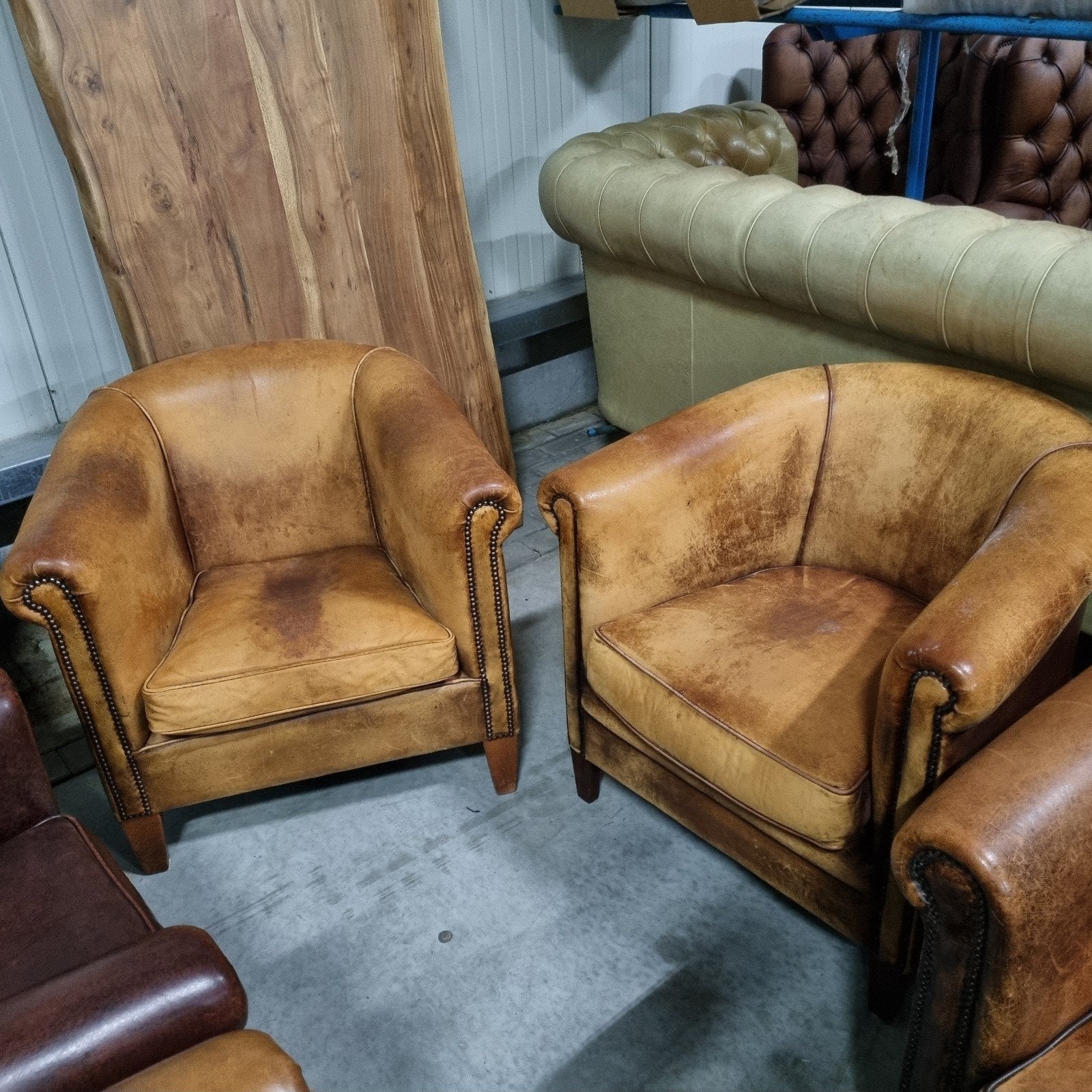 2 vintage schapenleren fauteuils + BEZORGING GRATIS, Gebruikt, ., Chesterfield, Ophalen of Verzenden