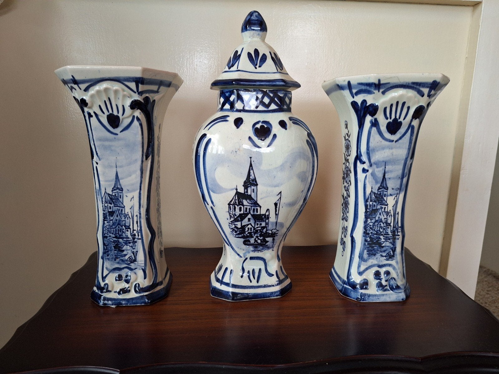 Prachtige Delfts Blauwe Vazen Set - Handgeschilderd, Ophalen