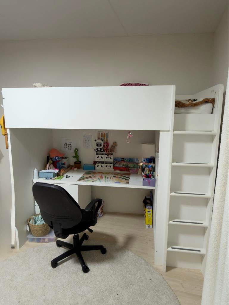 Witte hoogslaper met bureau en opbergruimte, Ophalen, Gebruikt, Eenpersoons, 160 tot 180 cm