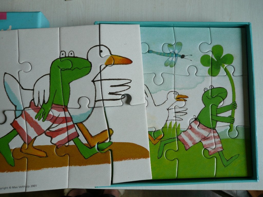 KIKKER en EEND 3 puzzels v Max Velthuijs,vriendjes LEOPOLD, Ophalen of Verzenden, 10 tot 50 stukjes, Zo goed als nieuw, 2 tot 4 jaar