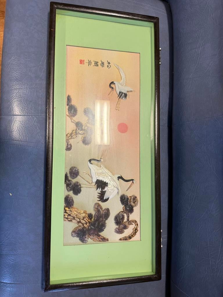 Vintage Aziatische Kraanvogel Kunst in Lijst, Antiek en Kunst, Kunst | Niet-Westerse kunst, Ophalen of Verzenden