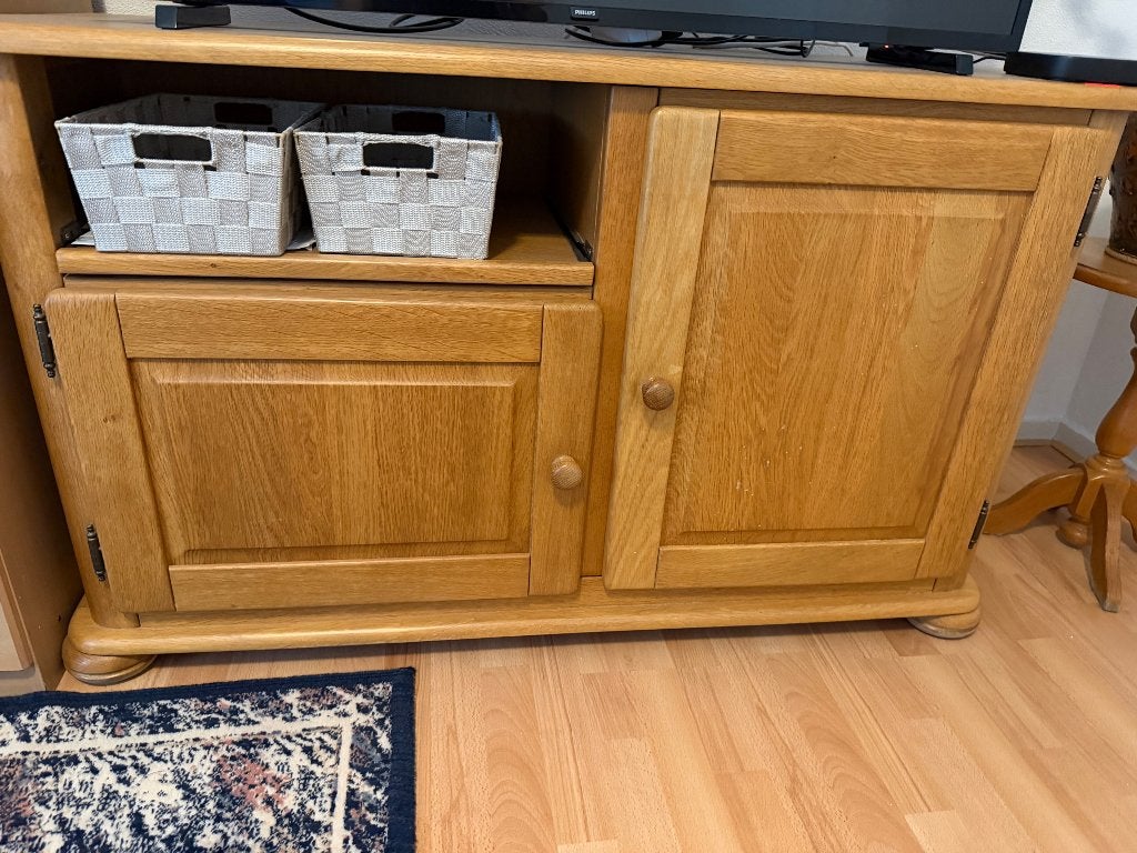 Massief Eiken tv kast, Ophalen, Gebruikt, 100 tot 150 cm, Eikenhout