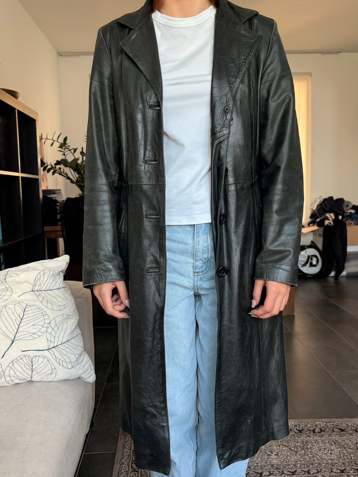 Zwarte vintage lederen jas maat L Satisfashion, Ophalen of Verzenden, Gedragen, Maat 38/40 (M), Zwart