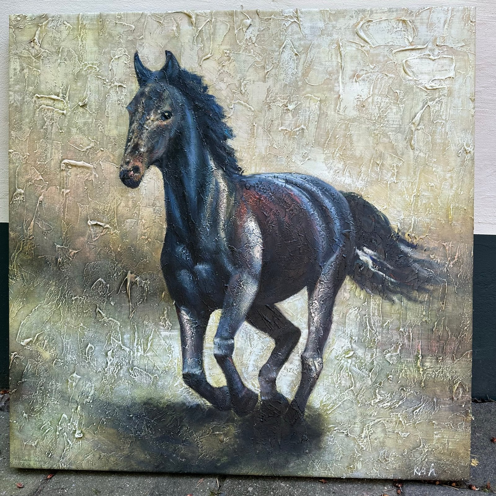Schilderij Zwarte Hengst 80x80 cm - Als nieuw, Antiek en Kunst, Kunst | Schilderijen | Klassiek, Ophalen