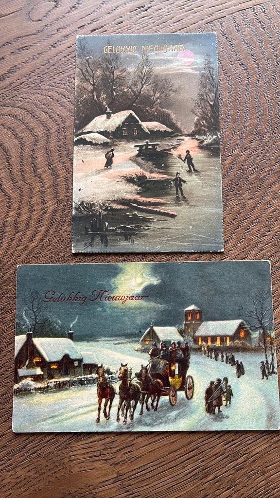 Nieuwjaar.Koets in sneeuw,schaatsen op ijs.Donkere wereld, Ophalen of Verzenden, 1920 tot 1940