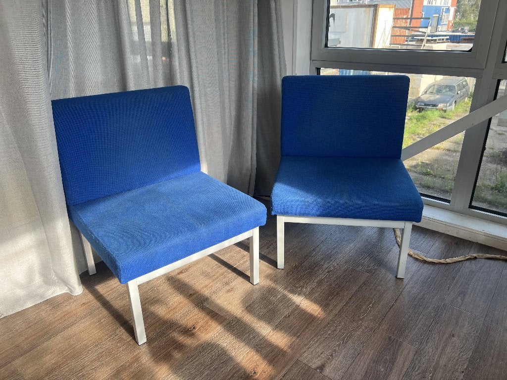 Twee blauwe fauteuils, Ophalen, Gebruikt, 75 tot 100 cm, Modern, Geometrisch