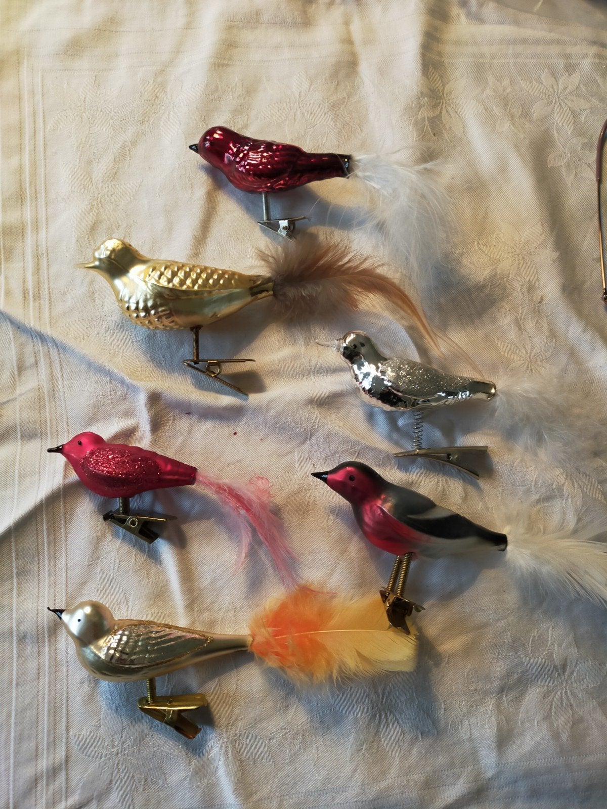 6 glazen vogeltjes op knijpertje klemmetje met veertjes, Ophalen of Verzenden