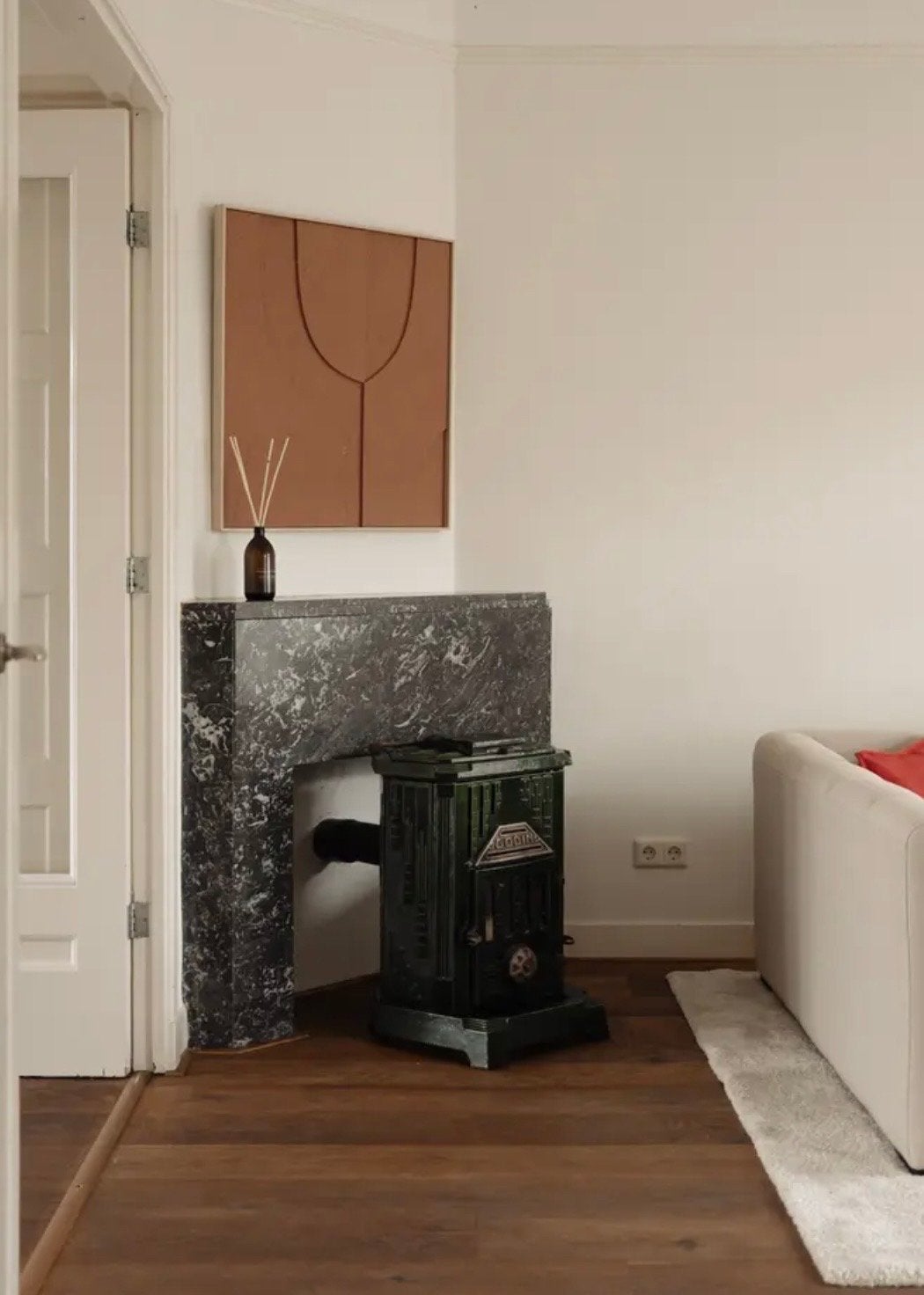 Antieke groene gietijzeren kachel van Godin, Huis en Inrichting, Kachels, Ophalen, Gebruikt, Houtkachel, Vrijstaand
