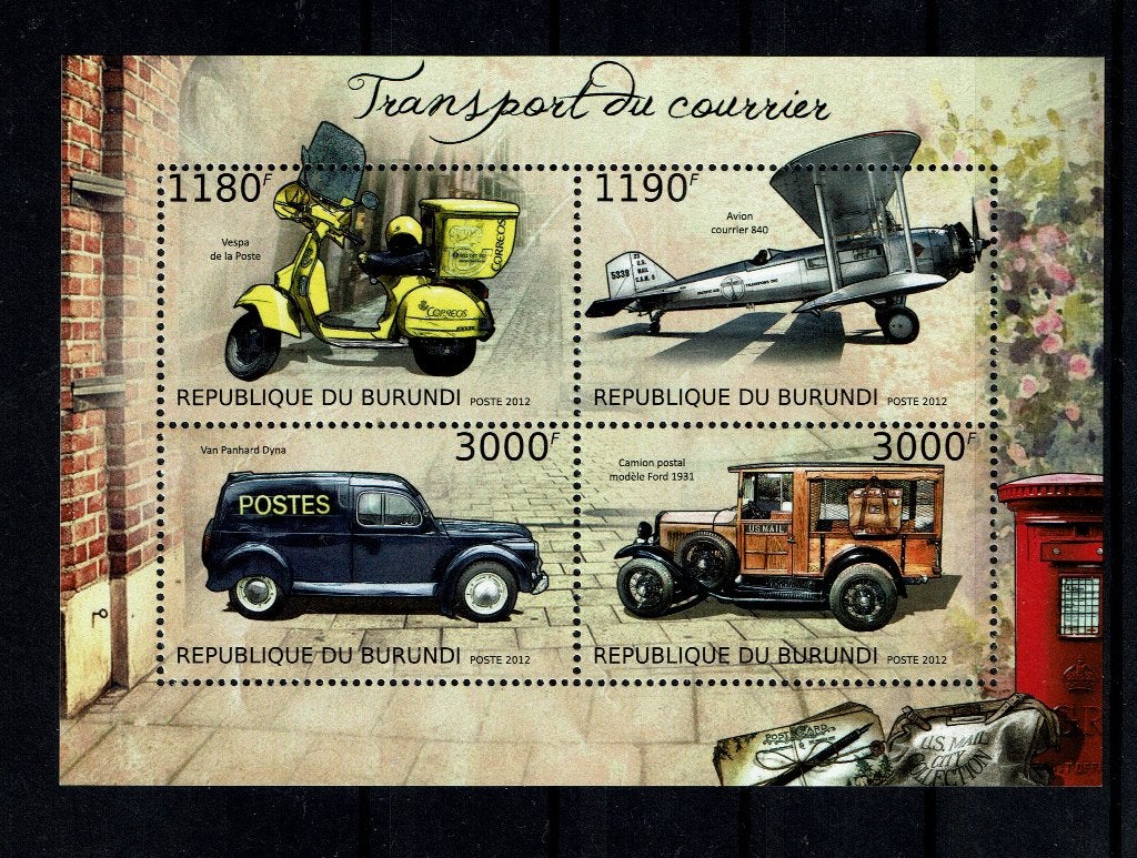 BURUNDI 2012 PF BLK TRANSPORT POST AUTO VLIEGTUIG SCOOTER, Ophalen of Verzenden, Postfris, Auto's