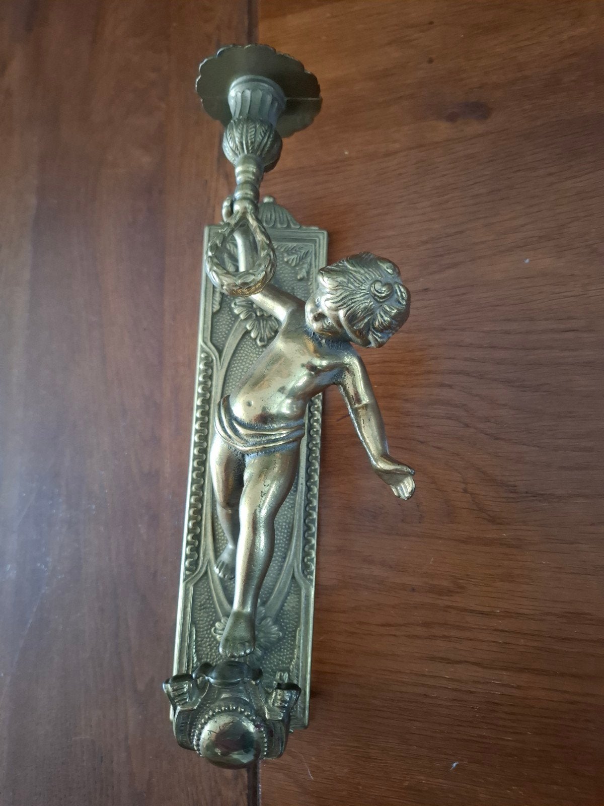 Antieke Koperen Kandelaar met Engel, Antiek en Kunst, Ophalen of Verzenden, Koper of Brons