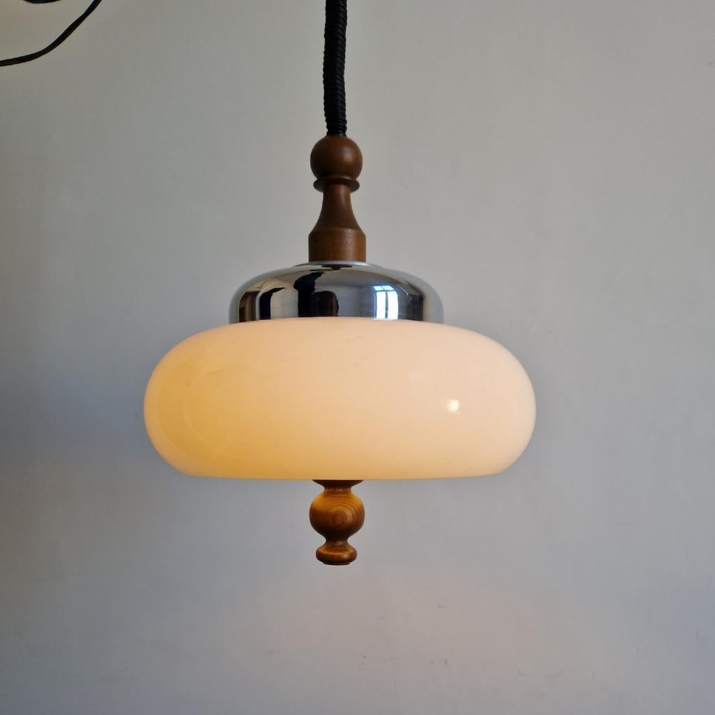 Vintage mushroom hanglamp chroom teak space age design, Huis en Inrichting, Ophalen of Verzenden