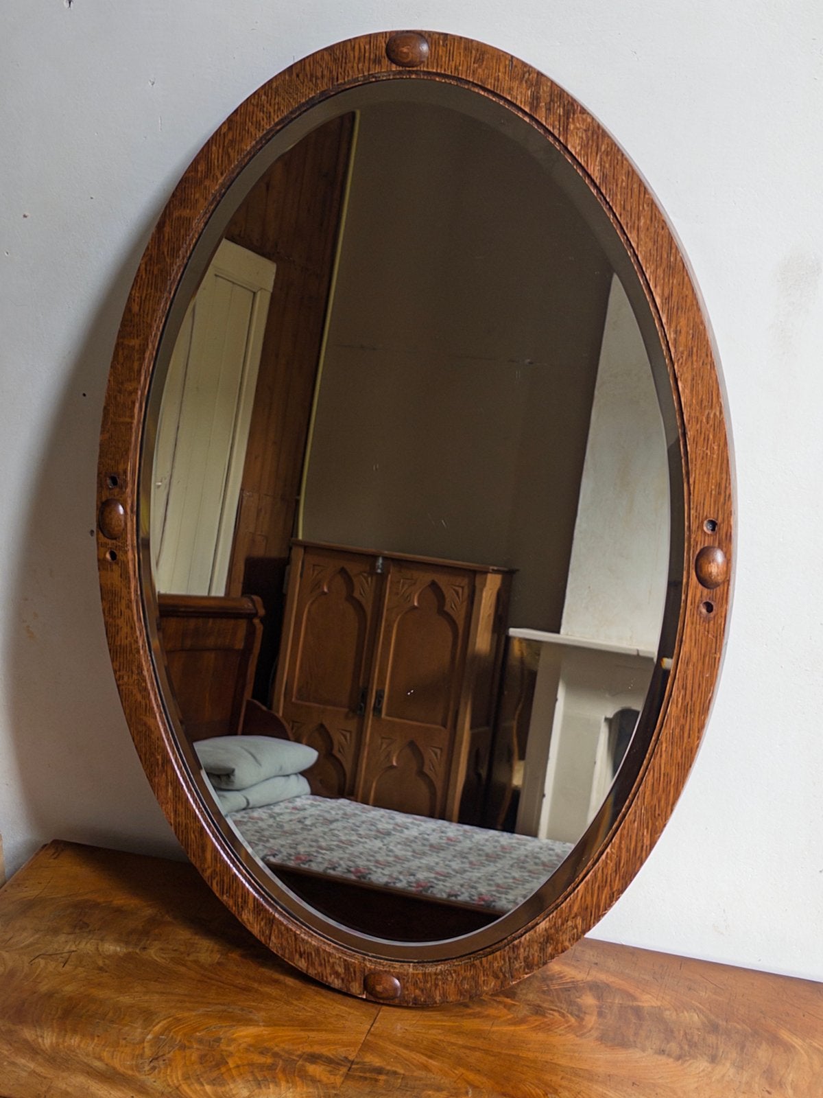 Vintage ovalen eikenhouten spiegel (82,5 x 56,5 cm), Ophalen, Rond, 50 tot 100 cm, Minder dan 100 cm
