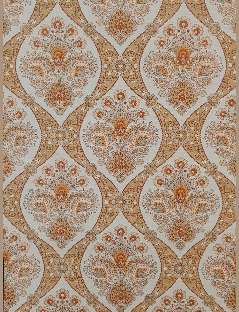 4692 70s behang sierlijk oranje zand beige medaillon swiet, Verzenden, Beige