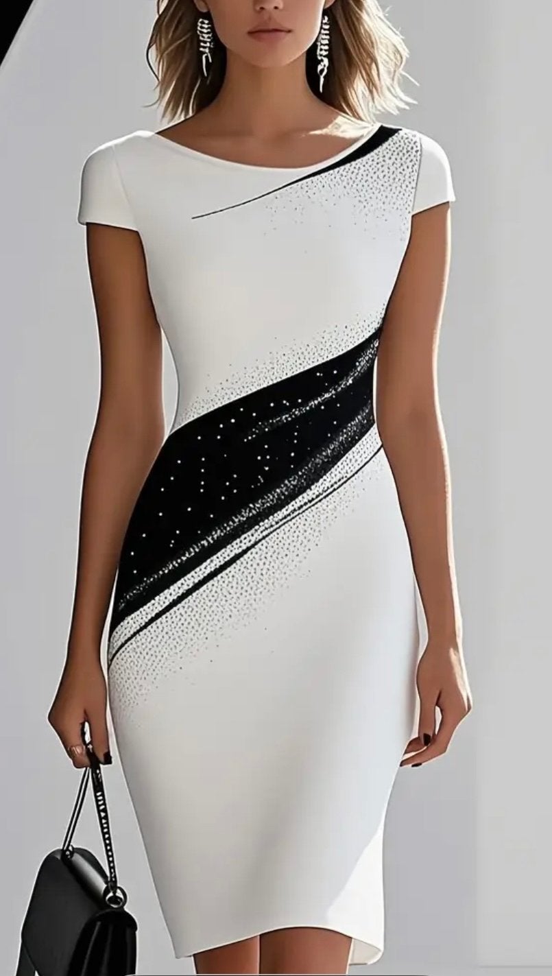 Elegant Wit-Zwarte Jurk met Patroon, Kleding | Dames, Jurken, Wit, Nieuw, Ophalen of Verzenden, Knielengte