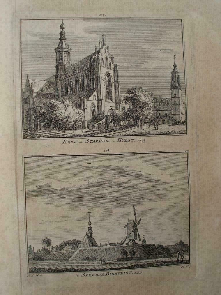 177-178 /Biervliet  Hulst Kerk en Stadhuis Kopergravure 1746, Antiek en Kunst, Ophalen of Verzenden