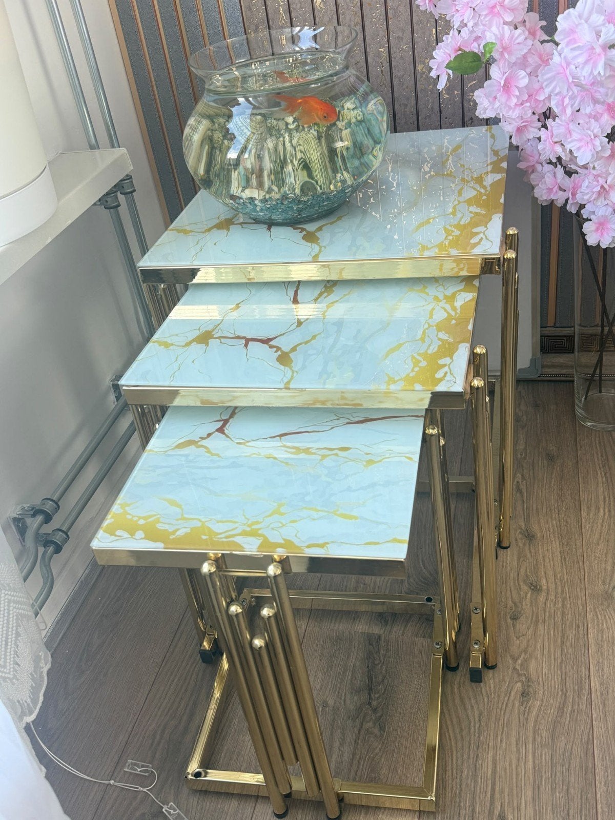 Set van 3 bijzettafels, Arabische stijl, goudkleurig, 45 tot 60 cm, Metaal of Aluminium, Zo goed als nieuw, Rechthoekig