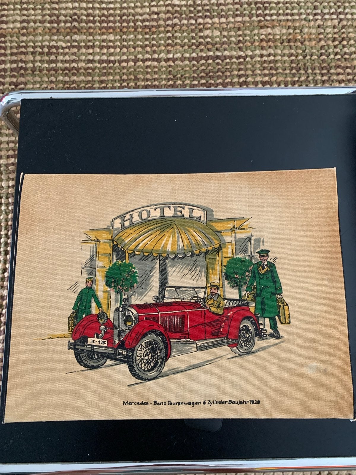 Vintage print Mercedes-Benz Toerwagen 1928 bij hotel, Doek, Ophalen of Verzenden, Klassiek, Print