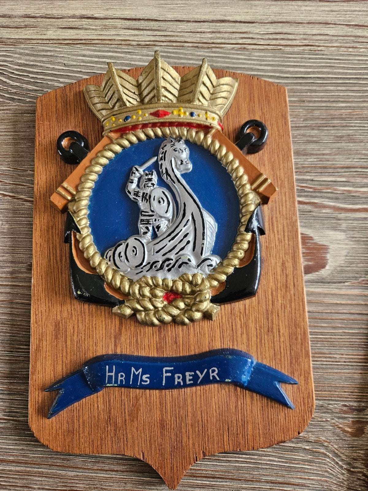 Uniek Houten Plaquette Hr.Ms. Freyr met Handtekeningen, Antiek en Kunst, Ophalen of Verzenden