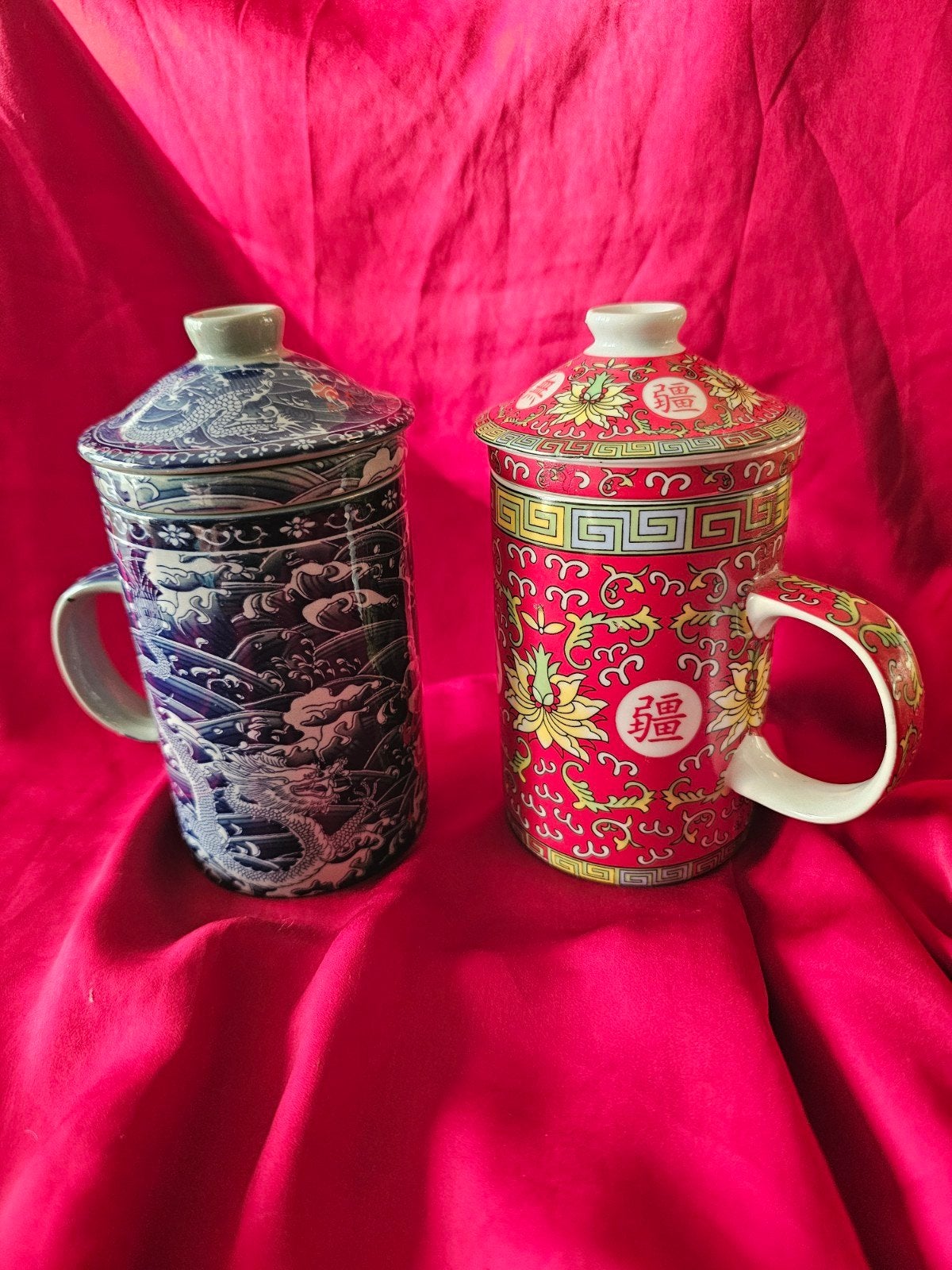 Set van 2 Chinese theemokken met draken en bloemen, Ophalen of Verzenden