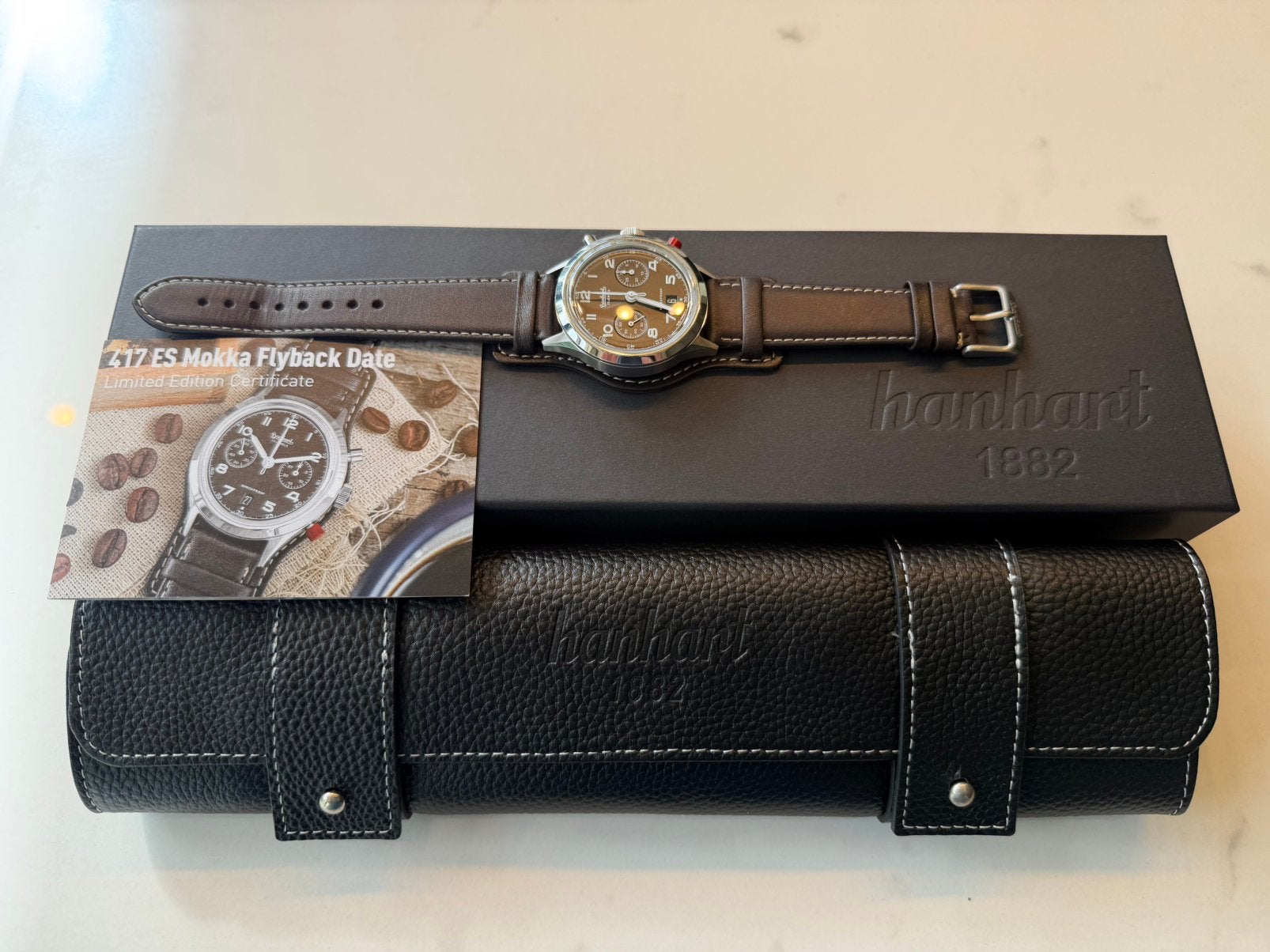 Hanhart horloge 417 42mm Flyback Mokka limited edition/200, Sieraden, Tassen en Uiterlijk, Ophalen, Zo goed als nieuw, Polshorloge