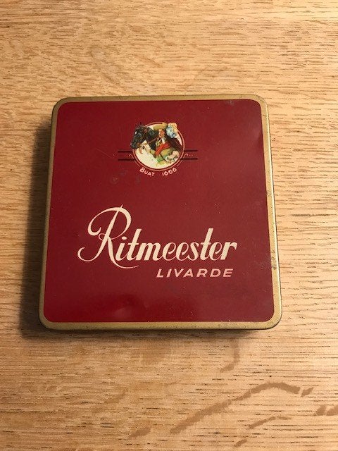oude sigarendoos in blik Ritmeester Livarde, Ophalen of Verzenden, Gebruikt, Tabaksdoos of Verpakking
