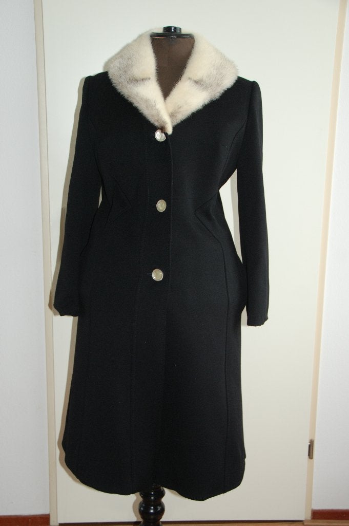 Retro zuiver scheerwol jas met bontkraag nerts bont vintage, Verzenden, Gedragen, Maat 42/44 (L), Zwart