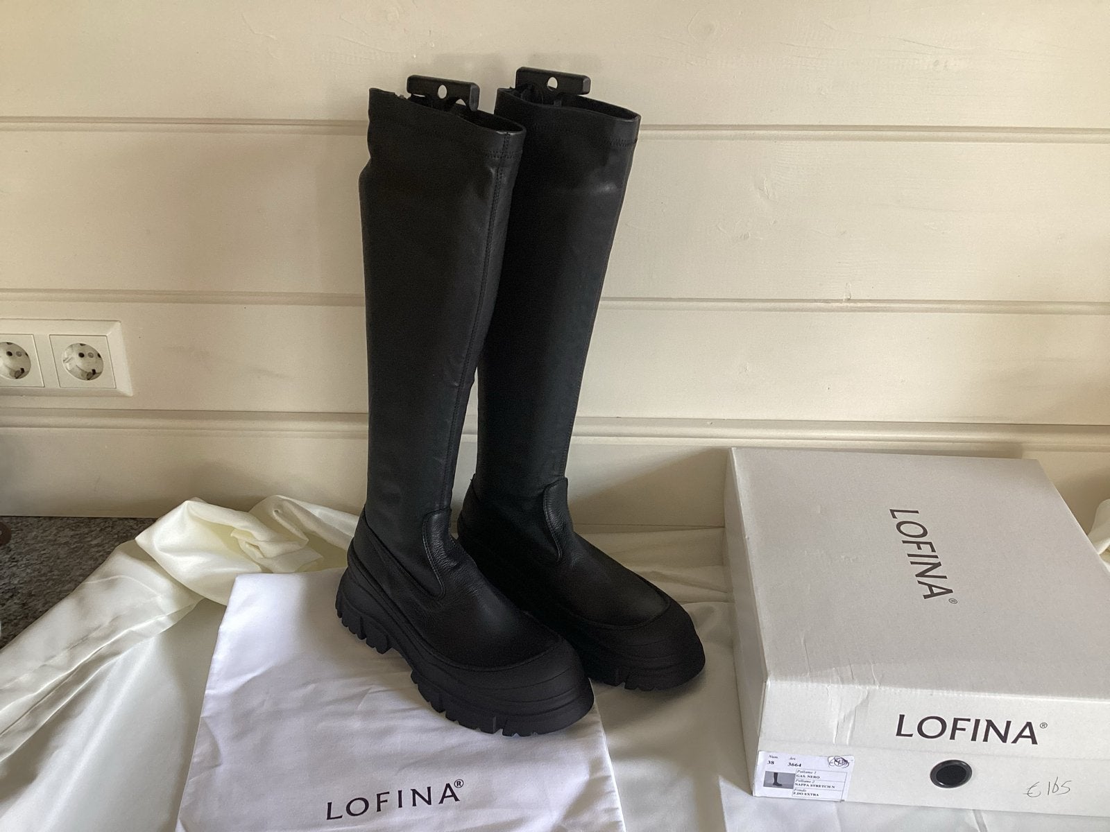 Lofina lange stretch kniehoge zwarte leren laarzen maat 38, Hoge laarzen, Zwart, Nieuw, Ophalen of Verzenden