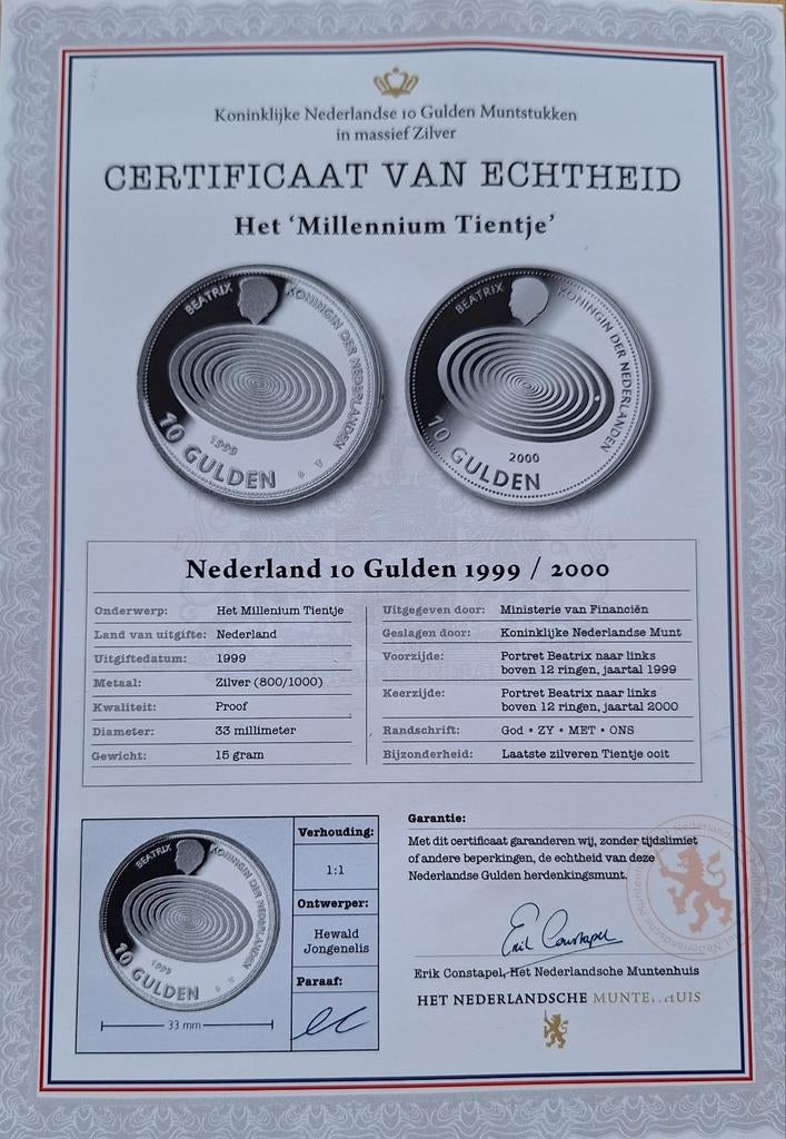 Zilveren millenium tientje. Proof., Postzegels en Munten, Munten | Nederland, Ophalen of Verzenden