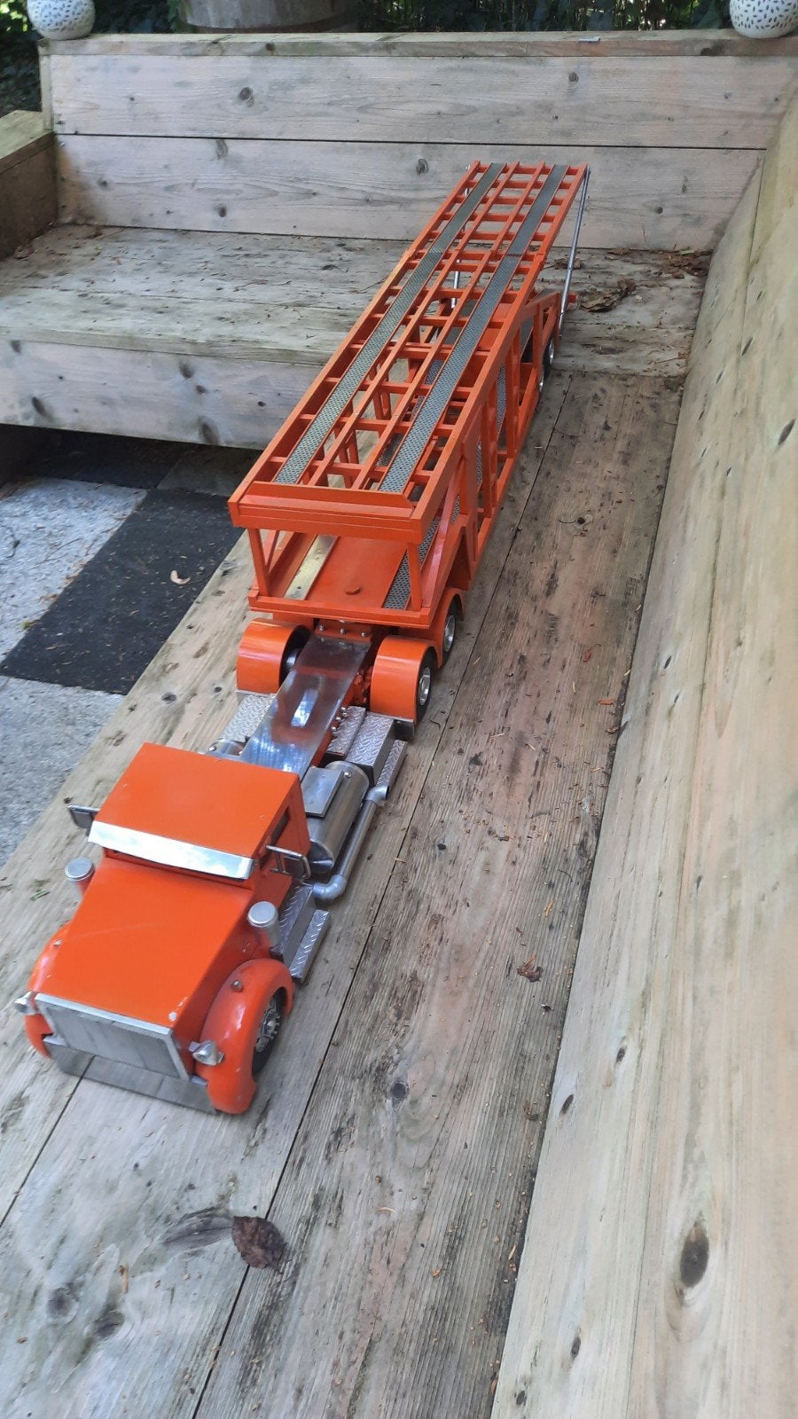 Unieke handgemaakte RVS truck met oplegger, 1.92m lang, Hobby en Vrije tijd, Modelbouw | Auto's en Voertuigen, Ophalen of Verzenden