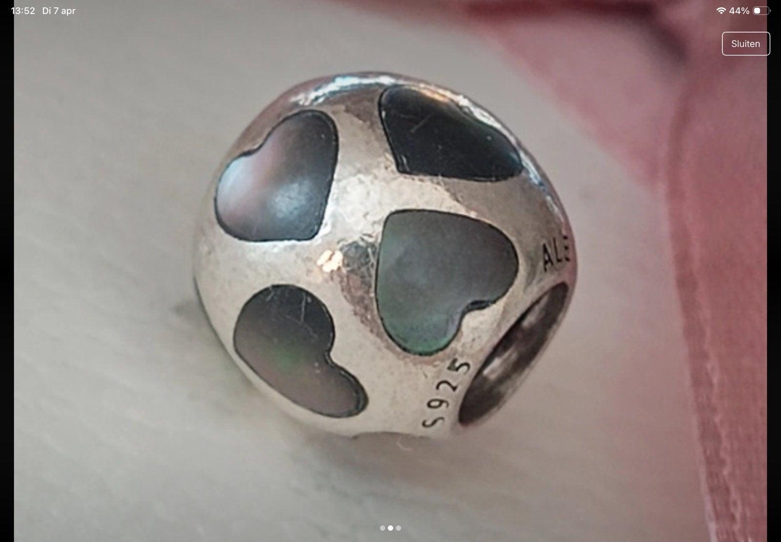 Pandora Bedel met Paarlemoet hartjes, Verzenden, Zo goed als nieuw, Zilver, Pandora