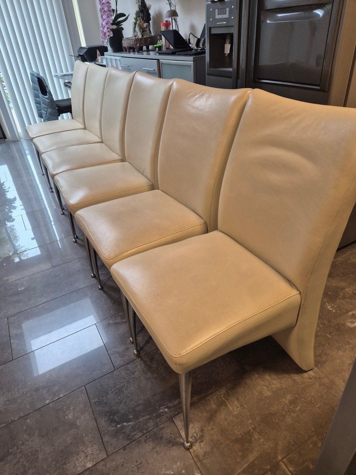 6 echte leren crèmekleurige eetkamerstoelen, Ophalen, Gebruikt, Overige kleuren, Metaal