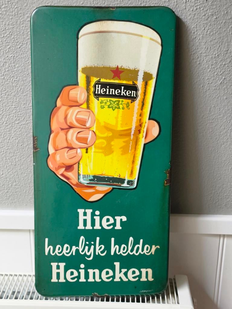 Emaille reclamebord Hier Heerlijk Helder Heineken, Ophalen of Verzenden, Gebruikt, Reclamebord