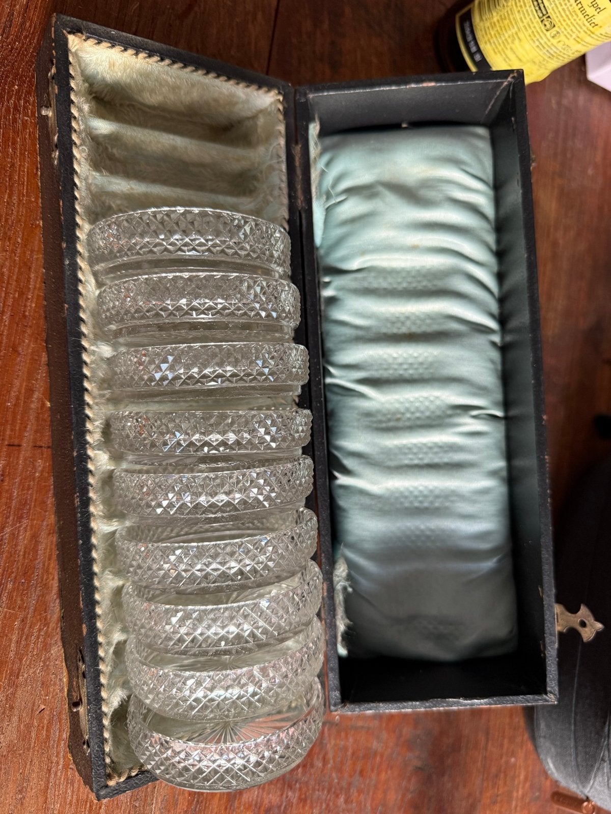Set van 9 vintage kristallen onderzetters in doos, Antiek en Kunst, Ophalen of Verzenden