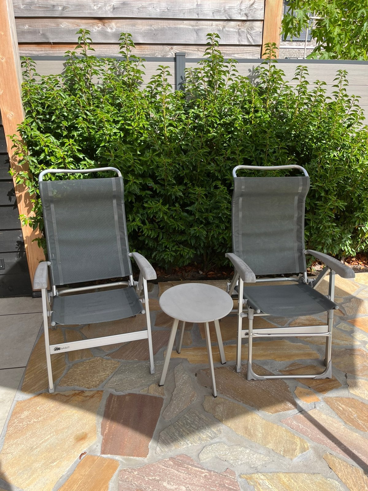 2 verstelbare tuinstoelen inclusief tafeltje, Tuin en Terras, Ophalen, Gebruikt, Aluminium, Verstelbaar