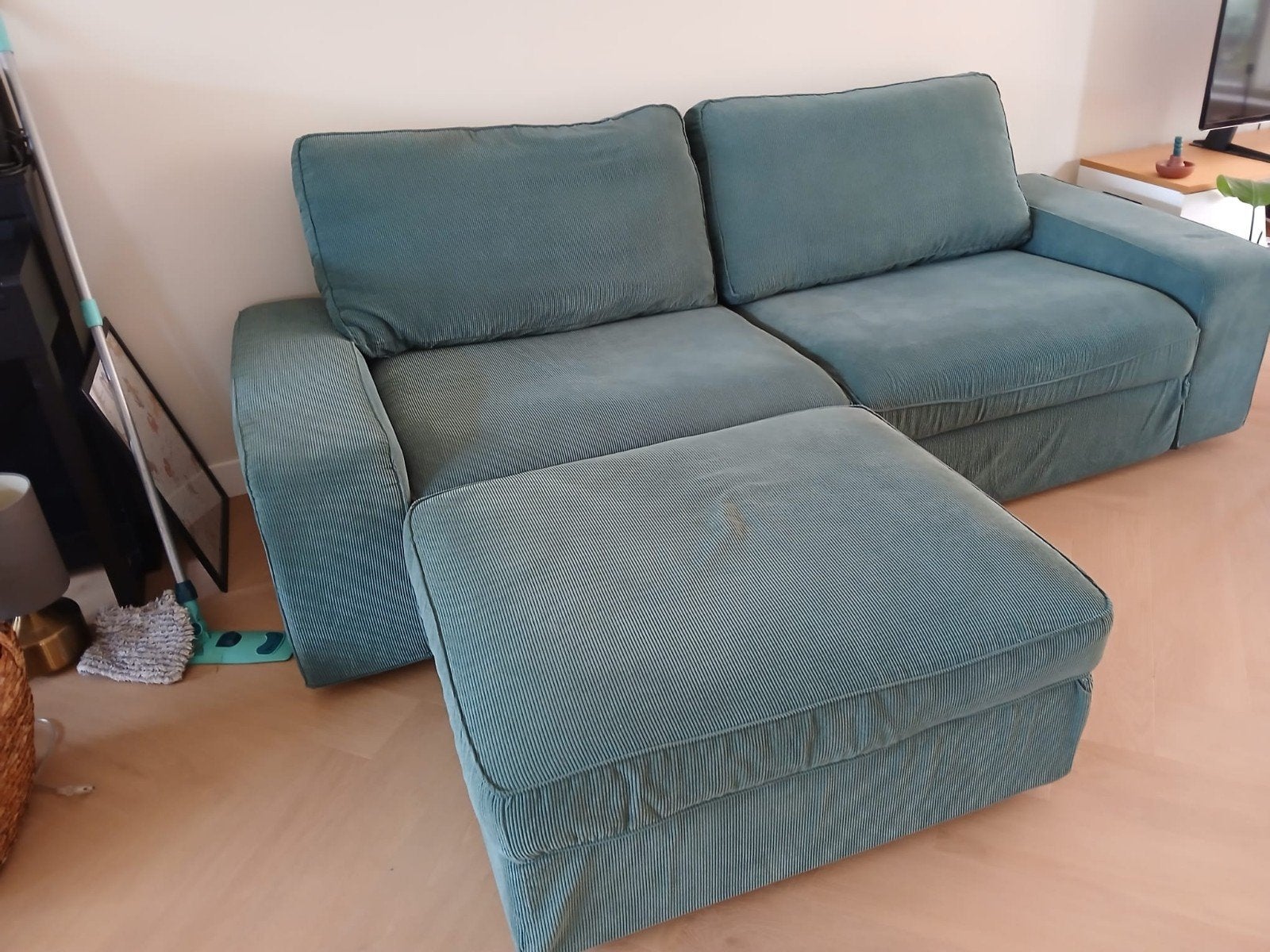 Kivik 3-zits bank met hocker Kelinge grijsturkooise, Ophalen, Gebruikt, Driepersoons, 75 tot 100 cm