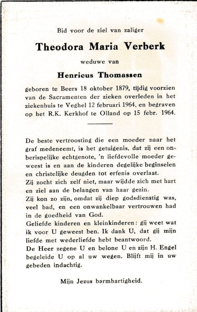 Verberk Theodora 1879 Beers 1964 Veghel, Ophalen of Verzenden, Bidprentje