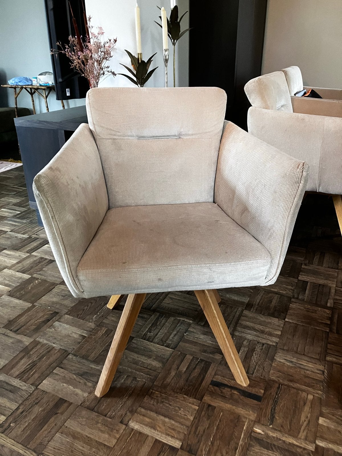 Moods Amsterdam 6 draaibare eetkamer stoelen beige taupe, Huis en Inrichting, Stoelen, Ophalen, Gebruikt, Overige kleuren, Stof